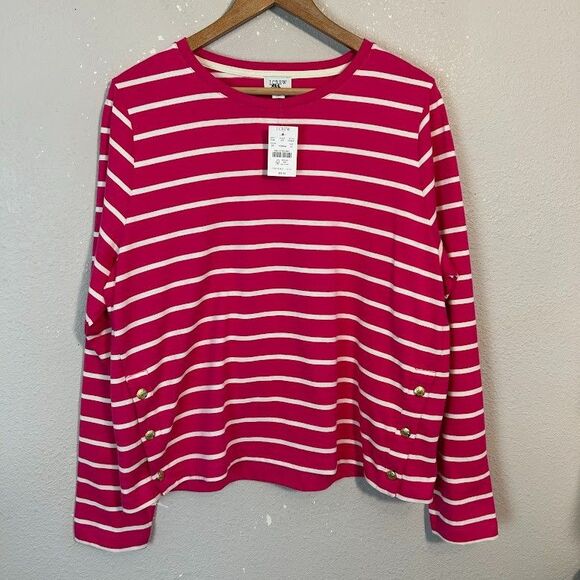 NEW J Crew Striped Side Button Shirt XL Pink Boatneck Long Sleeve Nautical NWT - Picture 3 of 8